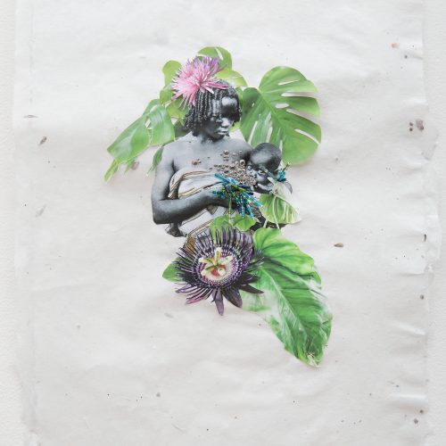 Colostrum, 2020 - 16” x 20” - Collage, rhinestones, glass beads, needles on paper
