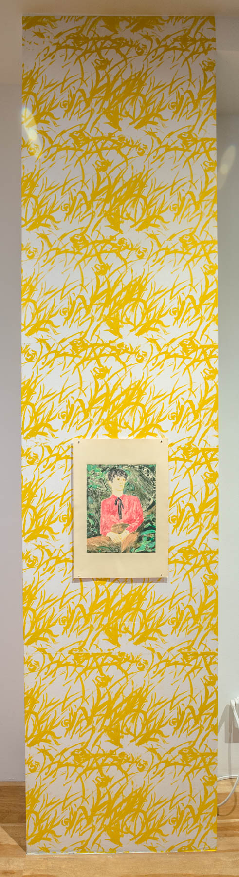 10-Ron Siu. The Middle Child, 2020. Monotype on paper over hand-printed wallpaper, image size 11 x 14 inches, paper size 15 x 22 inches
