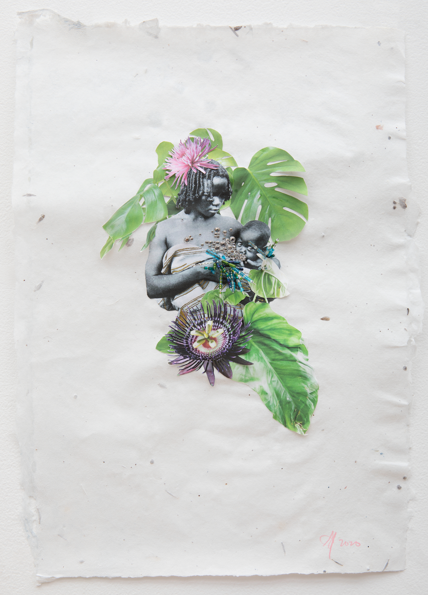 Colostrum, 2020 - 16” x 20” - Collage, rhinestones, glass beads, needles on paper