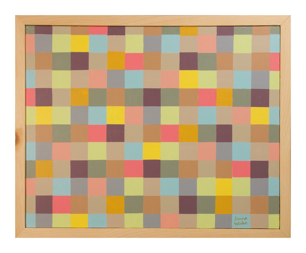 Ort I by Donna Blake. Acrylic painting of squares in various colours on wood. 16" x 20" 2022.