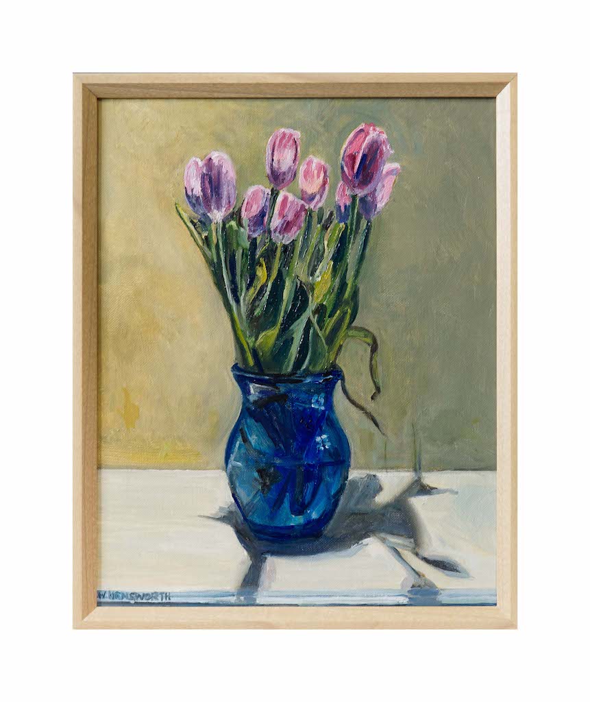 Wade Hemsworth, "Blue Vase with Tulips" oil on panel 11" x 14"