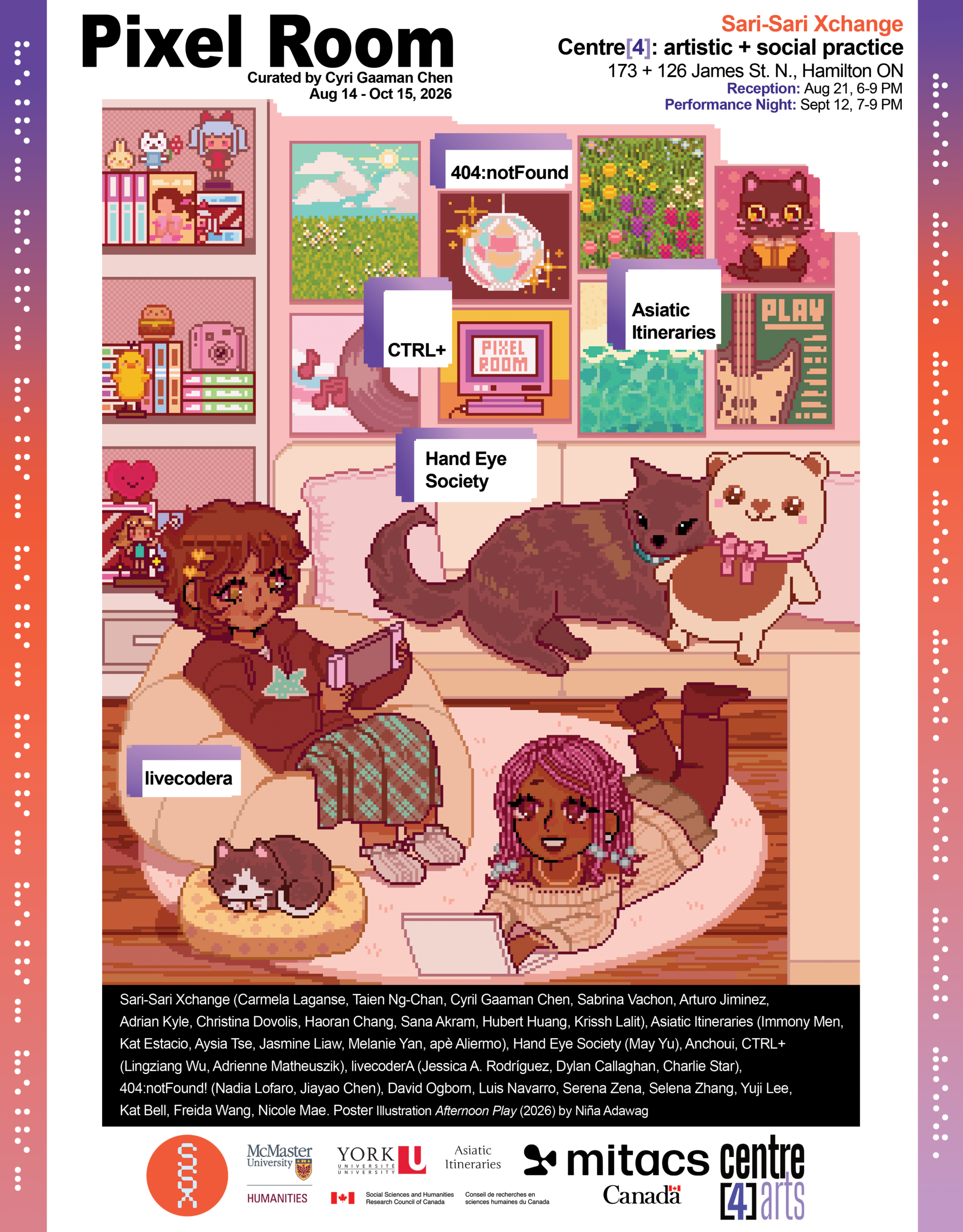 Pixel Room exhibition poster listing the curator, participating artists and exhibition dates.
