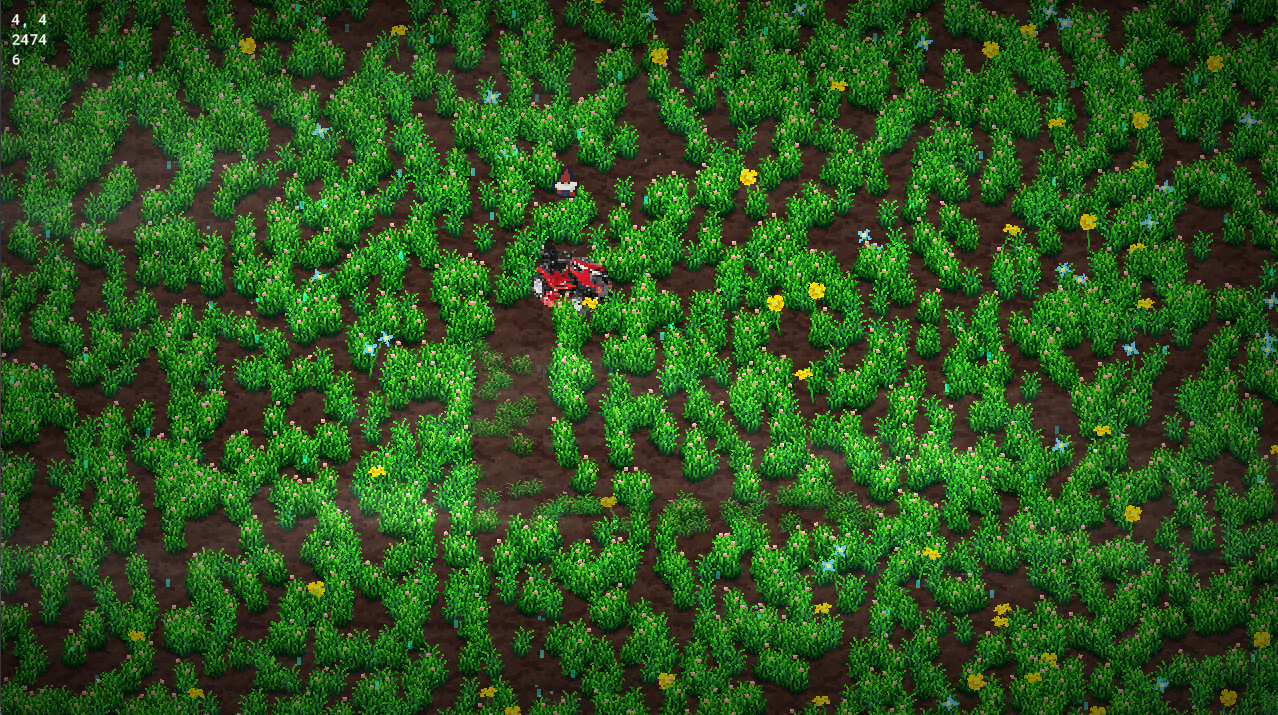 Screenshot from the game Mowem showing a dense green field of grass and flowers seen from above.