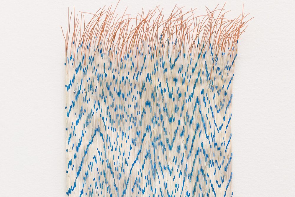Emily Hermant, Way Broken Twill (from the series Fragments From A Larger Whole), 2019. Collected and stripped telecommunications cables on canvas. Image courtesy of the artist.