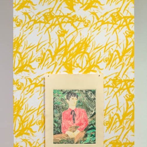 10-Ron Siu. The Middle Child, 2020. Monotype on paper over hand-printed wallpaper, image size 11 x 14 inches, paper size 15 x 22 inches