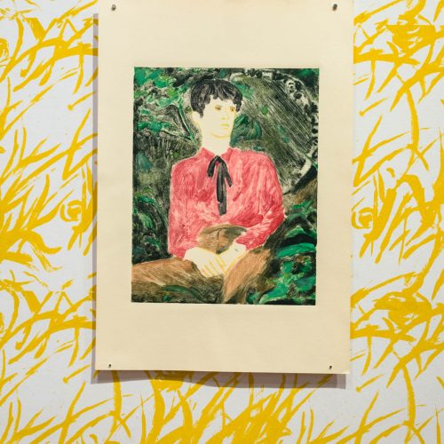 11-Ron Siu. The Middle Child, 2020. Monotype on paper over hand-printed wallpaper, image size 11 x 14 inches, paper size 15 x 22 inches